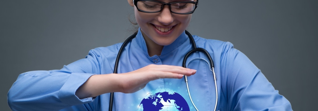 Travel nurse holding a virtual globe